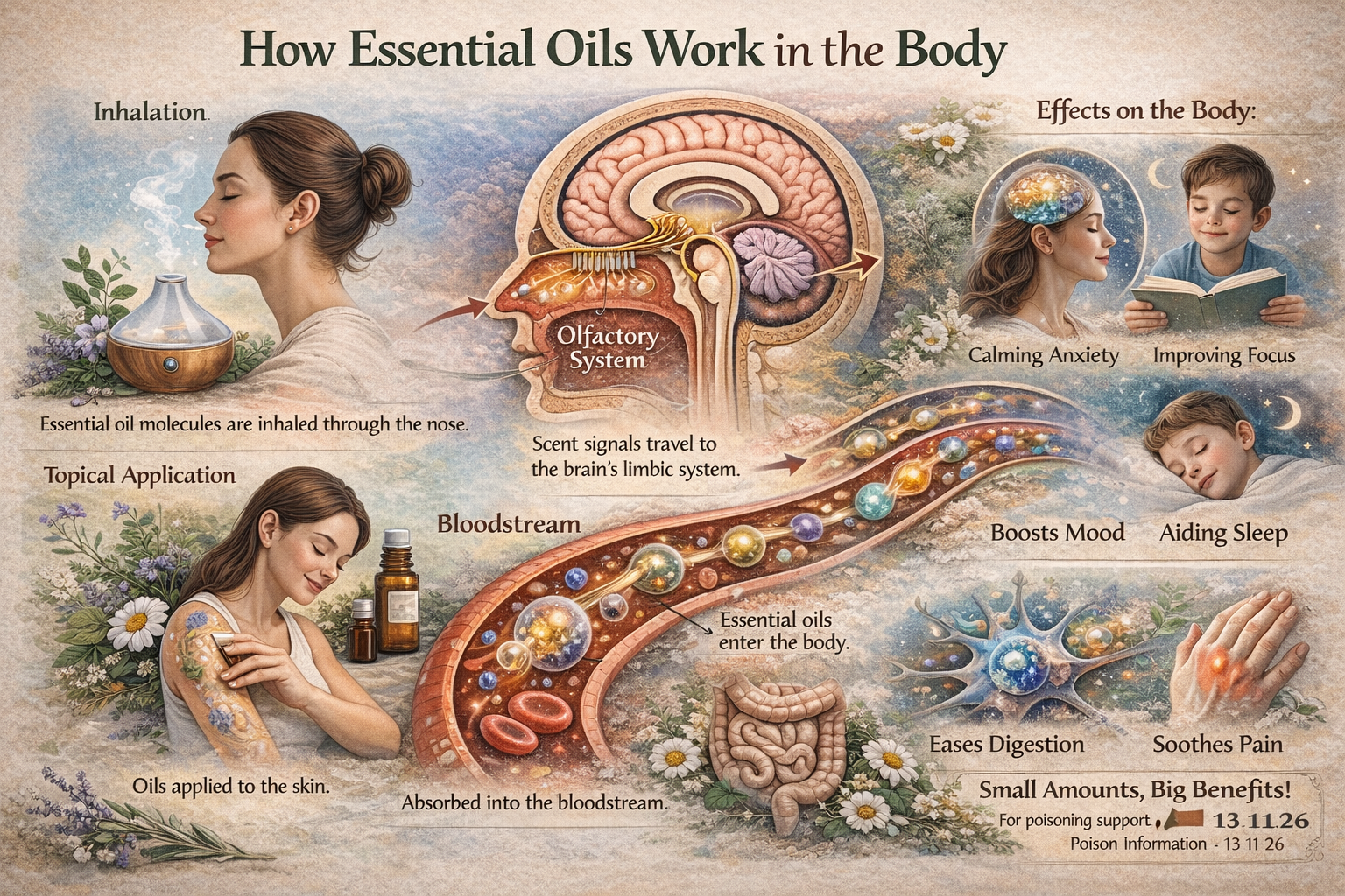 A realistic medical style diagram showing inhalation pathways, olfactory signalling, and safe exposure principles