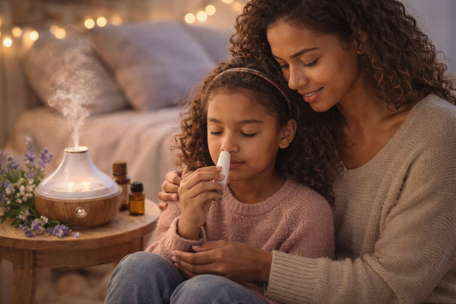 A realistic, step by step visual of safe aromatherapy mediums such as inhalers, dilution, and short diffuser sessions