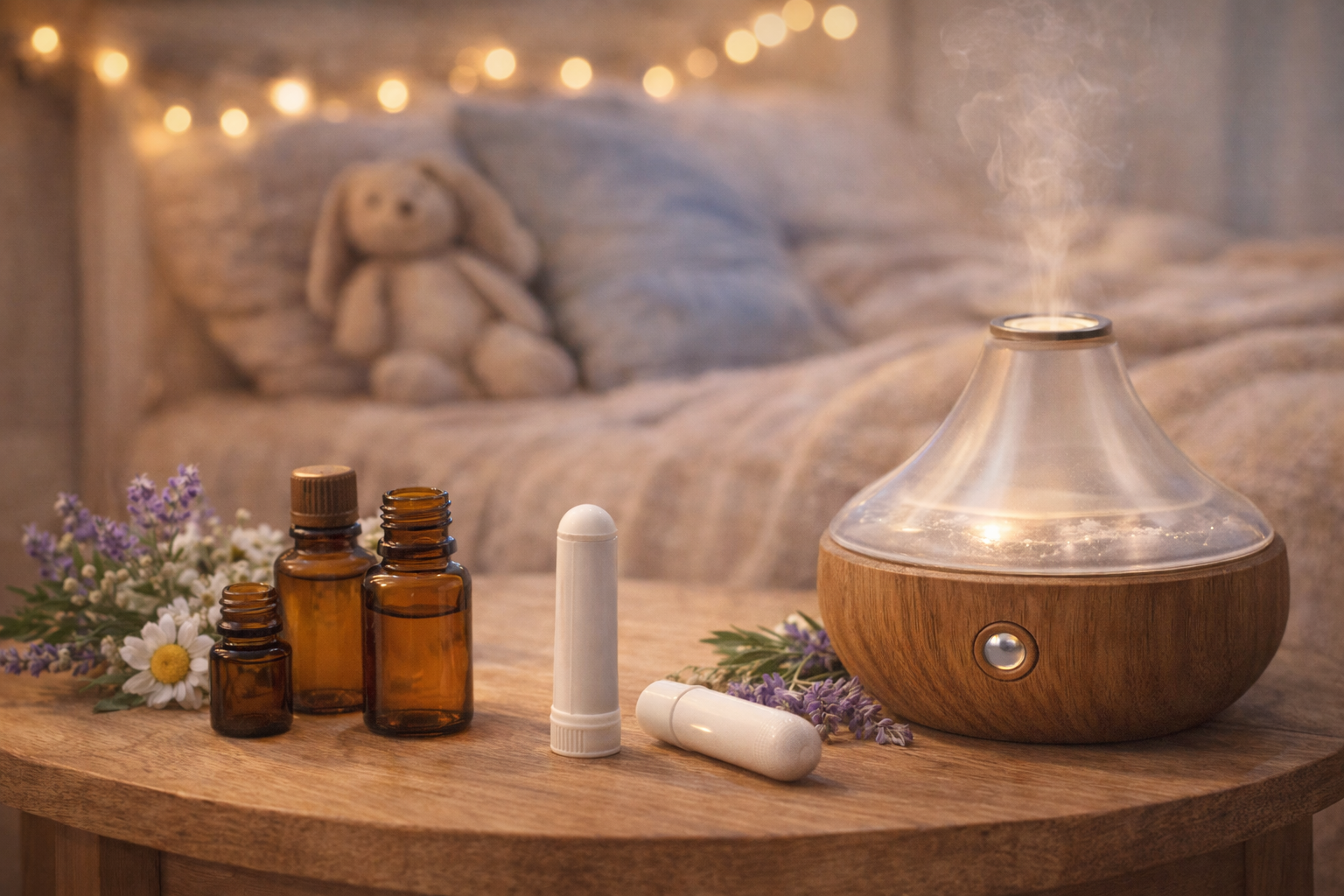 A clean, realistic visual showing essential oil safety tools and a calm sensory routine setup for families